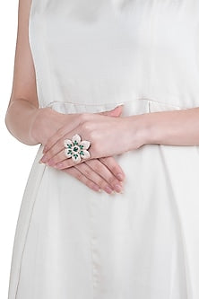 Silver plated kundan and emerald ring