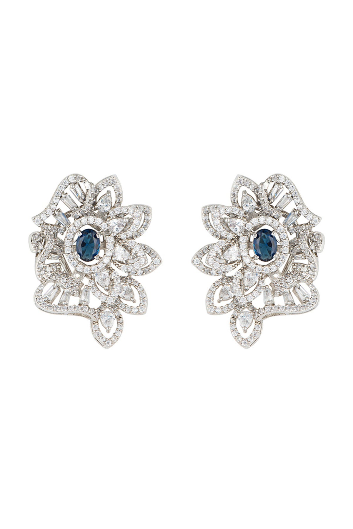 Silver plated faux diamonds and sapphire stud earrings