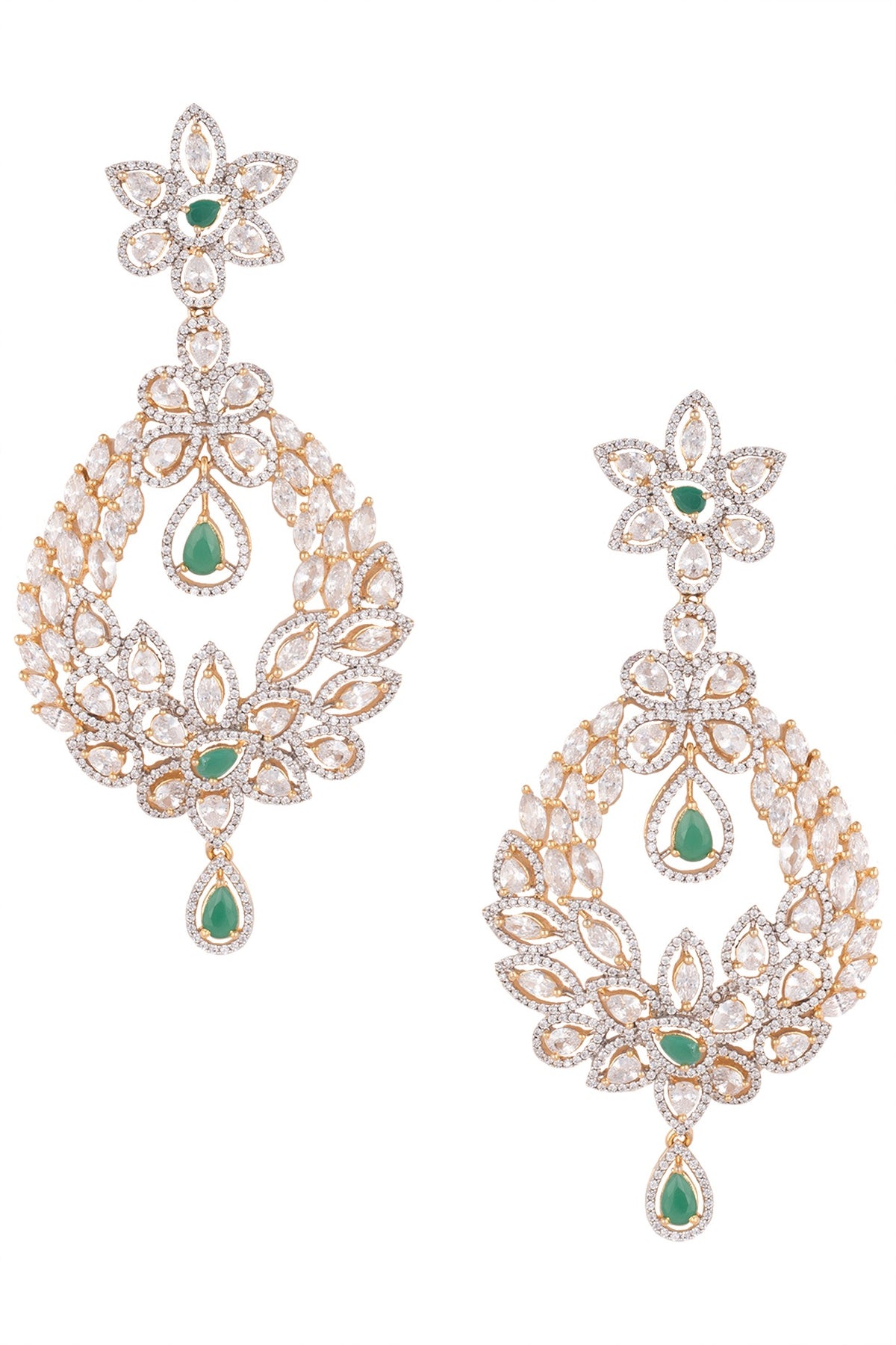 Gold plated diamond and emerald chandelier earrings