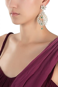 Gold plated diamond and emerald chandelier earrings