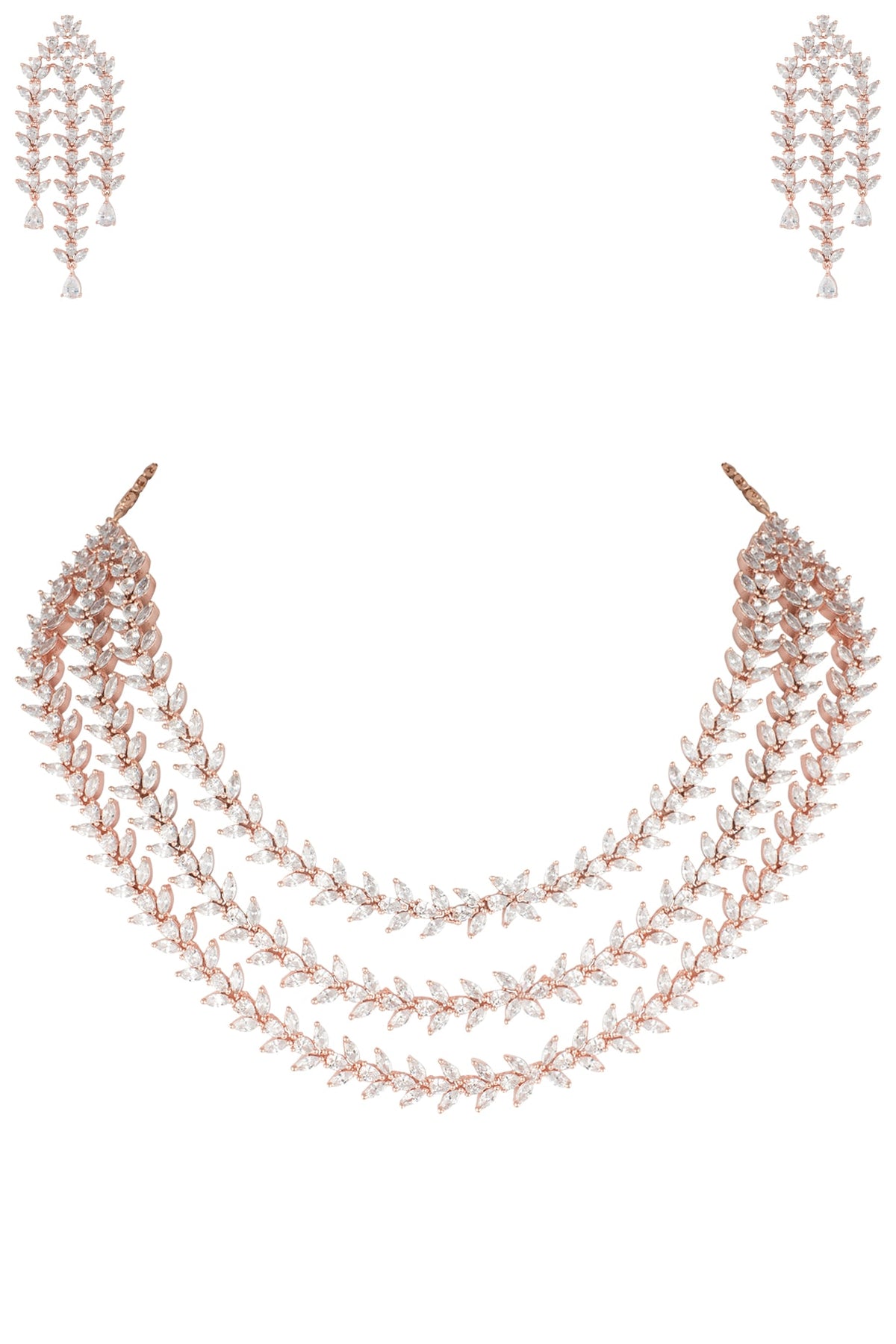 Rose gold plated three line leaf diamond necklace set