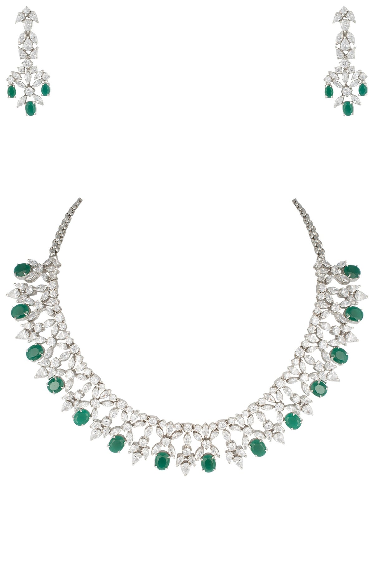 Silver plated diamond and emerald necklace set