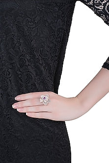 Silver plated faux diamond and ruby floral ring