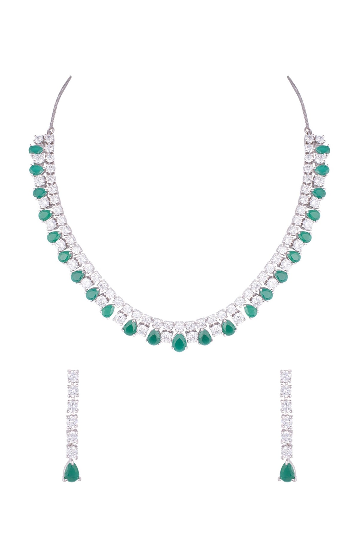 Silver plated faux diamond and emerald necklace set