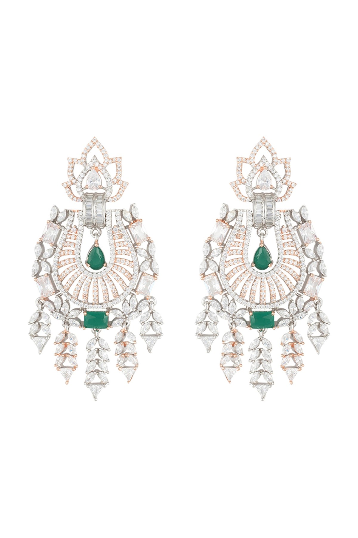 Silver plated faux diamond and emerald long earrings
