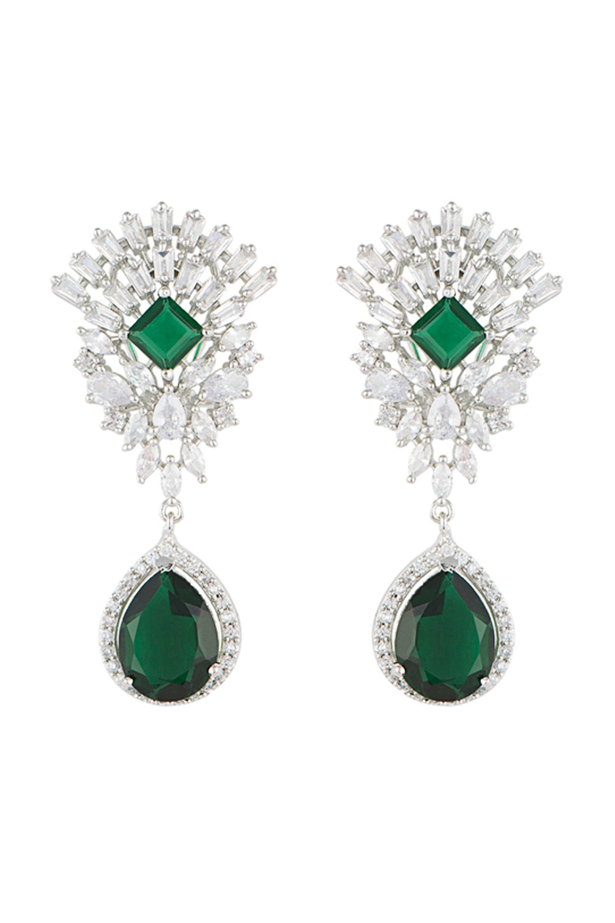 Silver plated diamond and faux emerald drop earrings