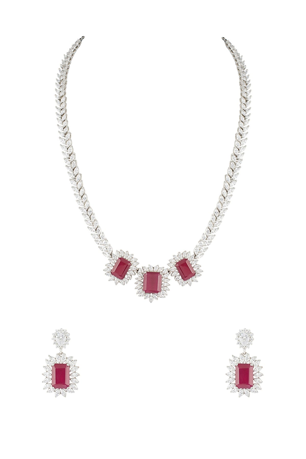 Silver plated faux diamond and ruby necklace set