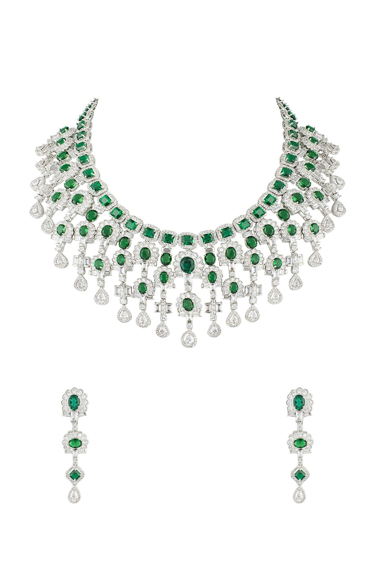 Silver plated faux emerald and diamonds necklace set