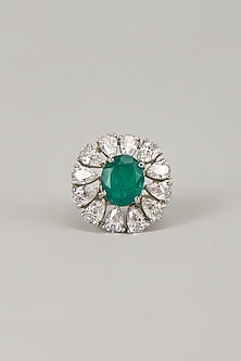 White Rhodium Finish Emerald Stone Handcrafted Ring In Sterling Silver