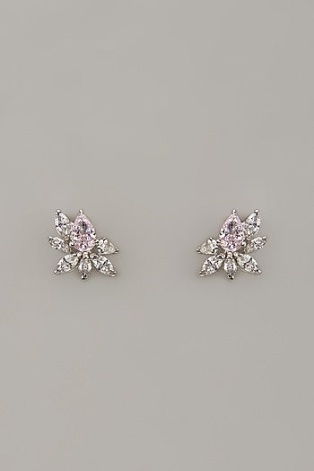 White Rhodium Finish Pink Sapphire Stone Handcrafted Earrings In Sterling Silver
