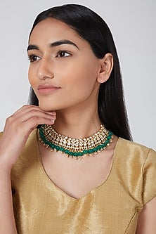Gold Plated Green Stones Kundan Necklace