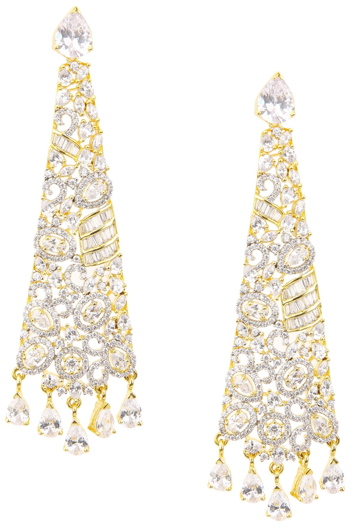 Gold Plated Conical Shaped American Diamond Drop Earrings