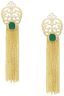 Gold Plated American Diamond, Green Semi Precious Stone and Chain Tassel Earrings