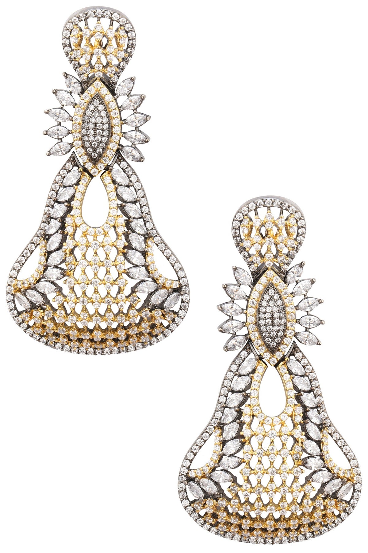 Rhodium Plated Oxidized American Diamond Pear Shaped Earrings