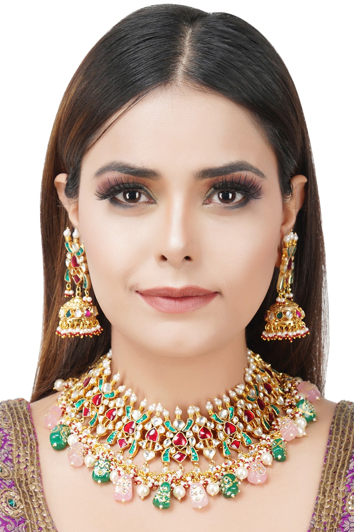 Gold Plated Necklace Set With Kundan Polki