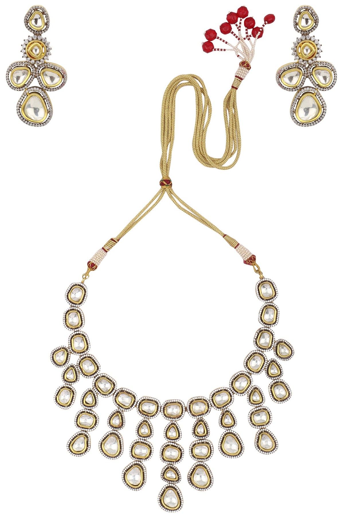 Gold Finish Kundan and Zircon Studded Enamelled Necklace Set