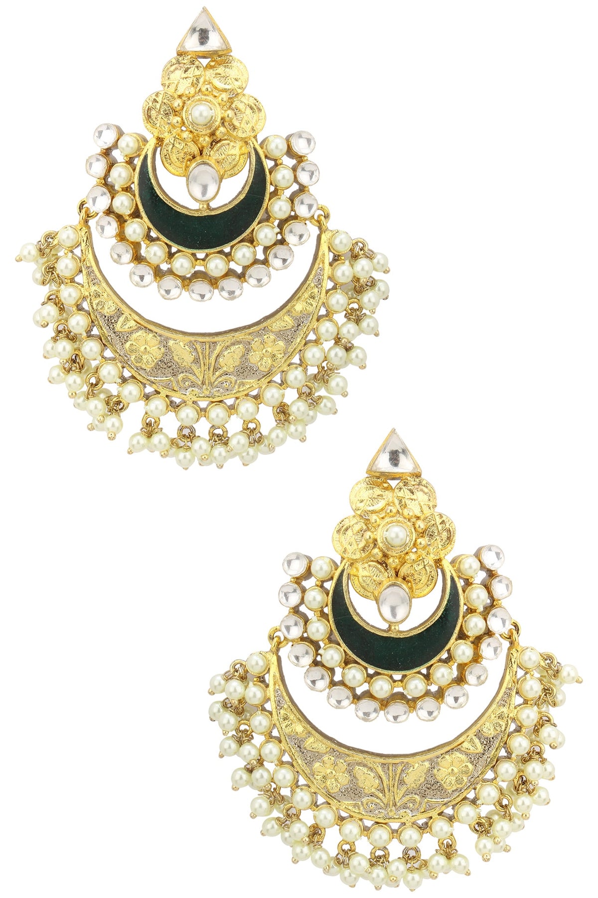 Gold Plated Kundan and Green Enamel Chandbali Earrings