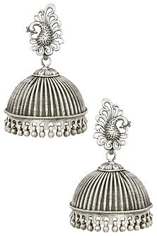 Antique Silver Finish Peacock Textured Earrings