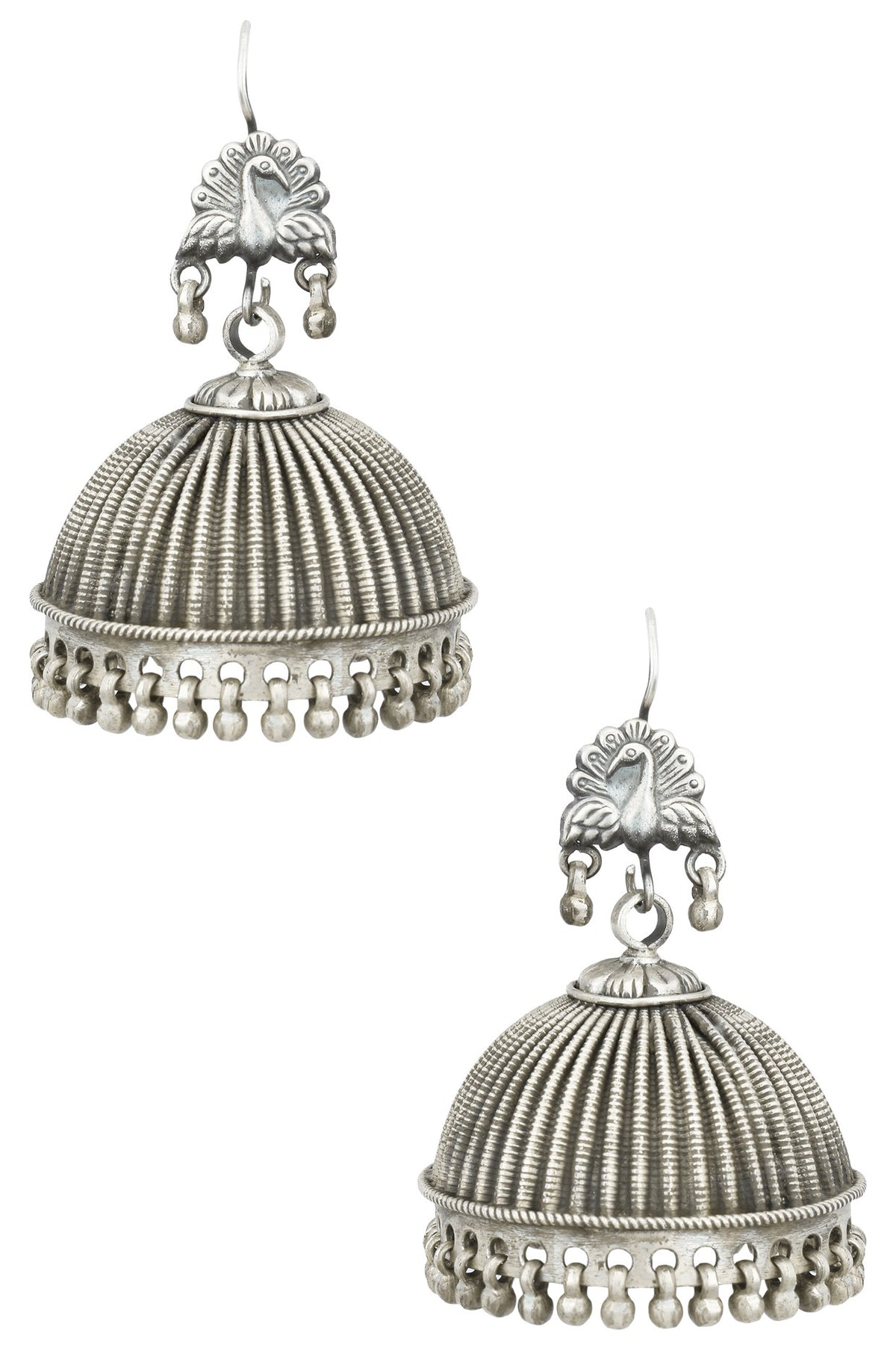 Antique Silver Finish Peacock Textured Earrings