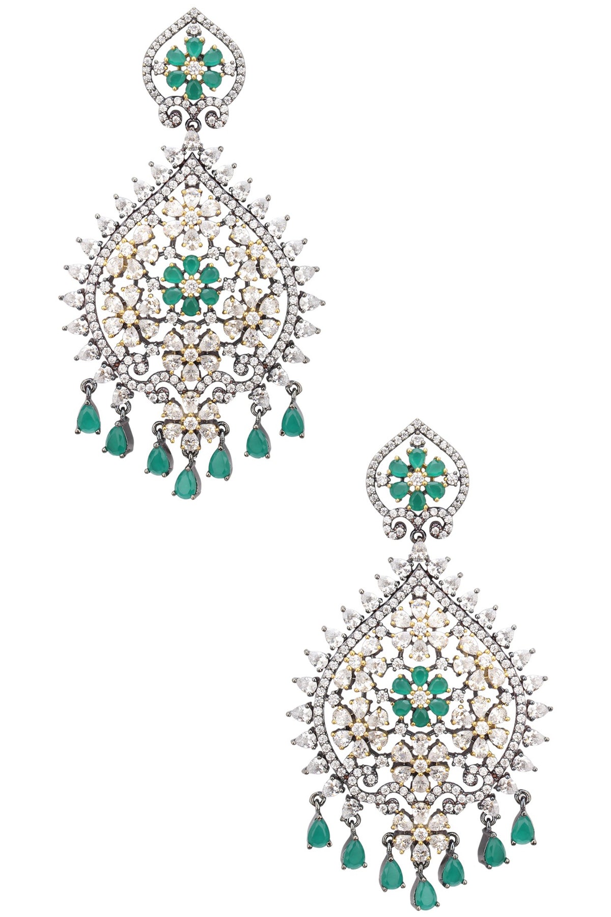 Rhodium Plated American Diamonds and Emerald Semi Precious Stone Earrings