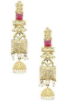 Gold Plated Kundan and Semi Precious Stone Textured Earrings