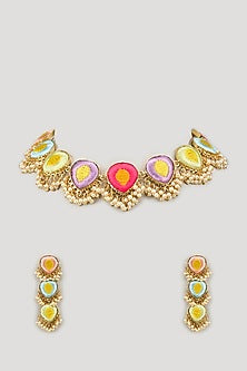 Matte Gold Finish Multi-Colored Embroidered & Pearl hanging Layered Necklace Set