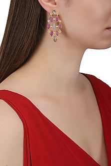 Gold Plated Purple Jade and Grey Stone Earrings