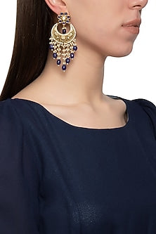 Gold plated kundan and blue beads dangler earrings