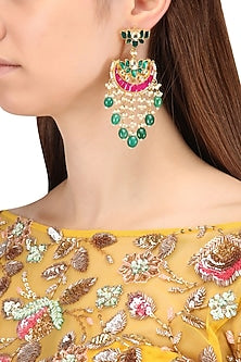 Gold Finish Multi-Colour Kundan, Pearl and Green Moti Earrings