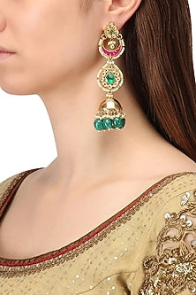 Gold Finish Three Layer Kundan, Pearl and Moti Jhumki Earrings