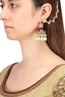 Gold Finish Kundan and Red Meena Work Jhumki Earrings