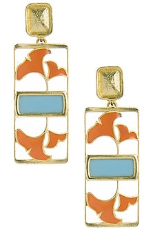 Gold Plated Turquoise and Orange Enamel Floral Earrings
