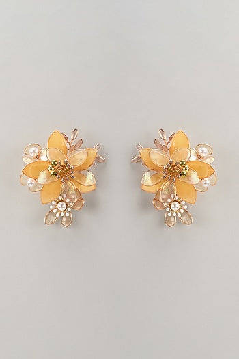 Gold Finish Pearl Yellow Enameled Handcrafted Floral Stud Earrings