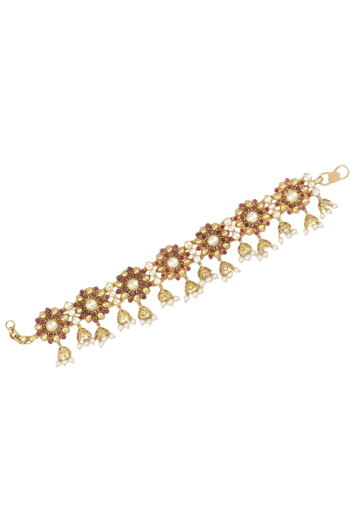 Gold Plated Red Floral Motif and Pearl Droplets Anklets