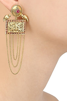Gold Plated Two Birds Rectangular Chitai Motif Long Earrings