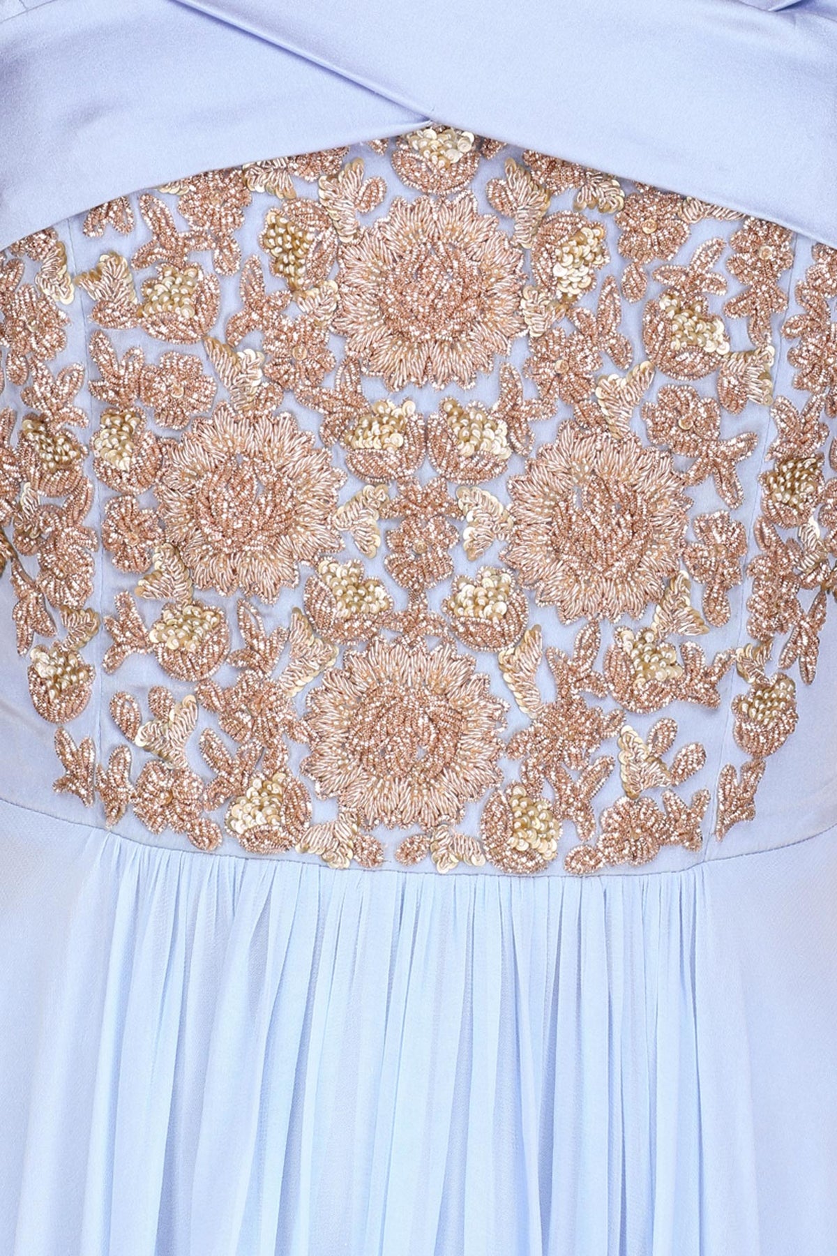 Ice Blue Embroidered Off Shoulder Anarkali Set with Embellished Choker
