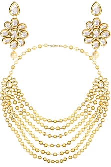 Gold Finish Bead and Pearl Flower Necklace Set