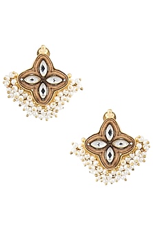 Gold Finish Textured Leaf and Pearl Stud Earrings