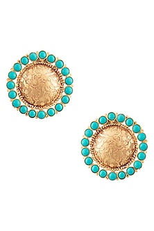 Gold Finish Textured Blue Stones Stud Earrings