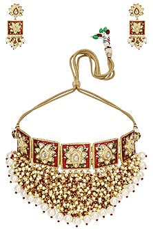 Gold Finish Enamel Detail Choker Necklace Set