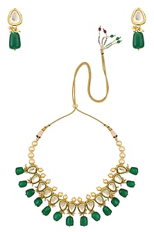 Gold Finish Kundan, Pearl and Emerald Stone Necklace Set