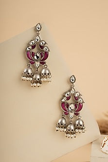 Pink Stone & Lotus Motif Tro Jhumka Earrings