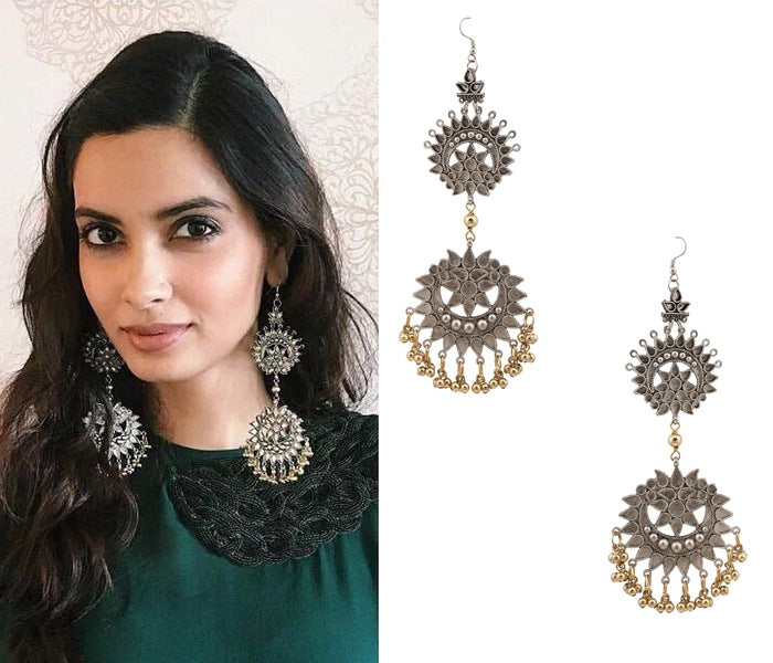 Silver Plated Double Cutwork Crescent Gold Ghungroos Earrings