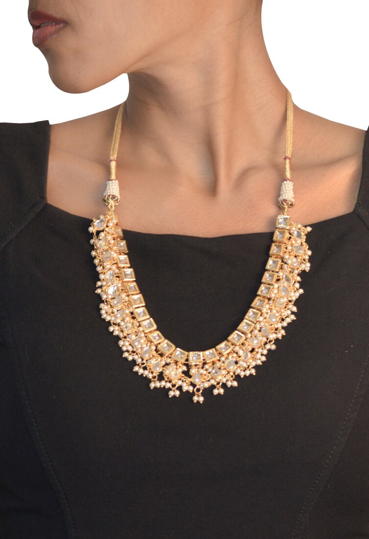 Gold plated necklace with square & teardrop kundan