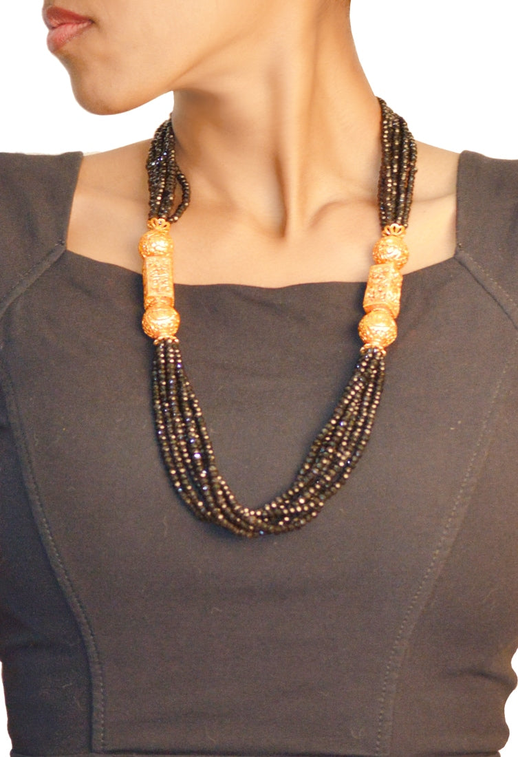 Black bead necklace with gold finish