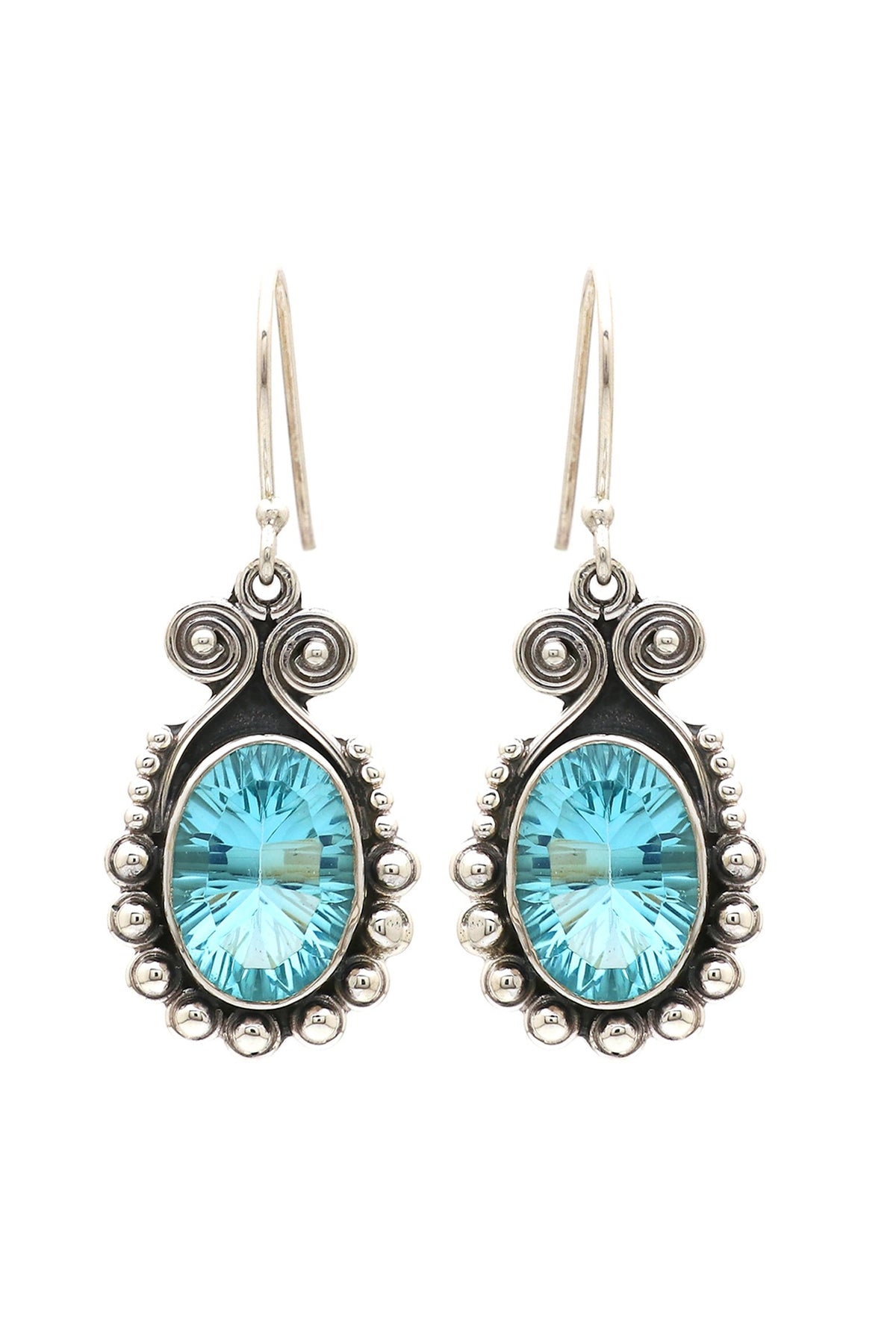 Oxidised Finish Blue Topaz Dangler Earrings In Sterling Silver