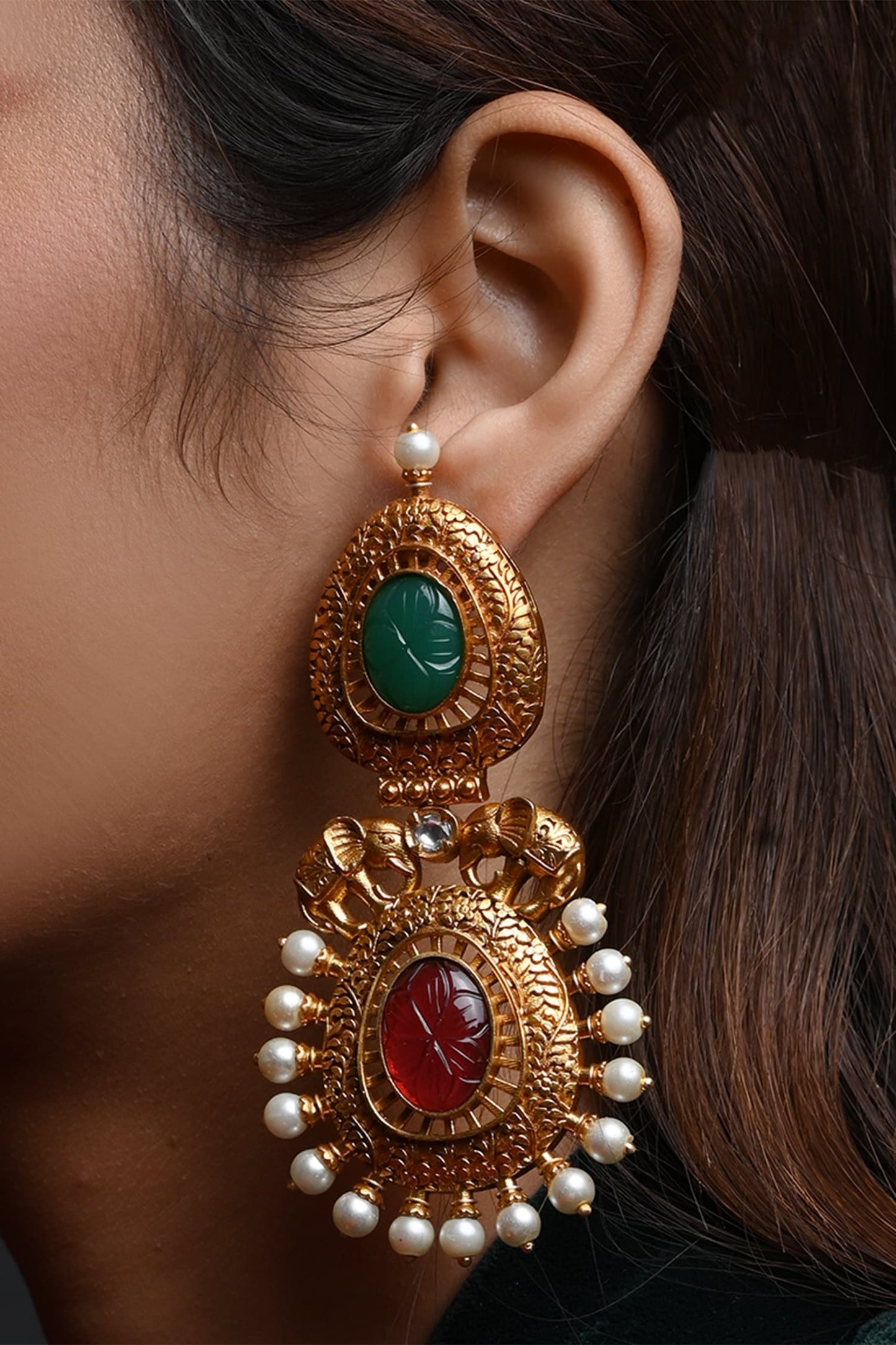 Elephant Motif Ruby Emerald Stone Pearl Danglers