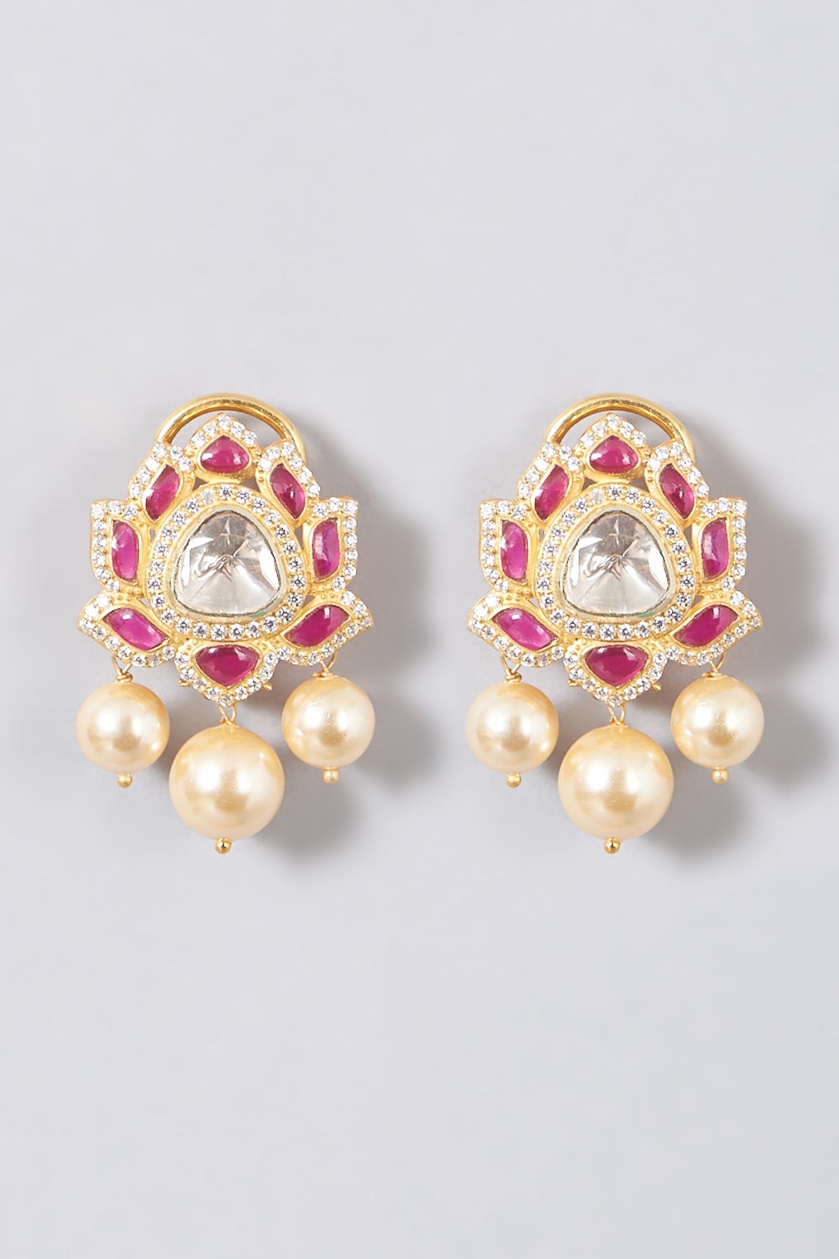 Gold Finish Pearl Stud Earrings In Sterling Silver