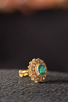 Gold Finish Moissanite Polki & Emerald Ring In Sterling Silver