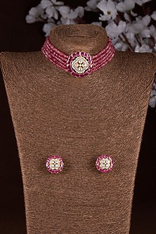 Gold Finish Moissanite Polki & Red Stone Choker Necklace Set In Sterling Silver